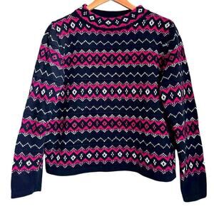LizSport Women M Fair Isle Sweater Black Red Pink Wool Blend Retro Holiday Knit